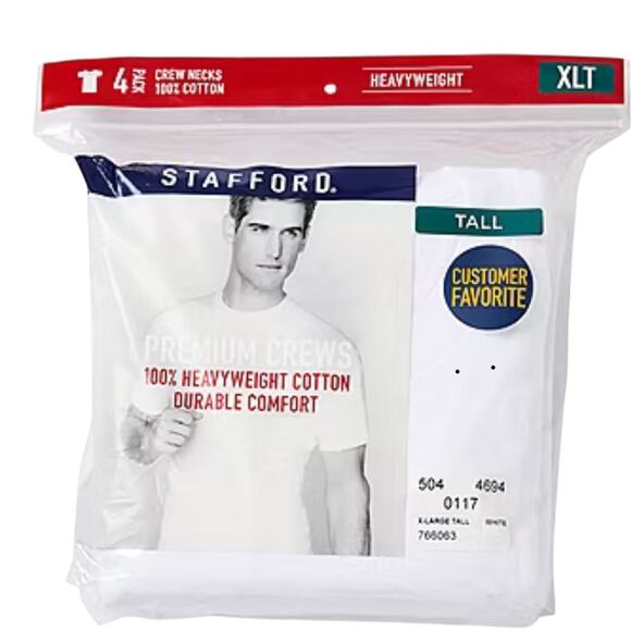4 Pack Stafford Mens White Short Sleeve Crew Neck T-Shirt- Size XLT- - Picture 1 of 5